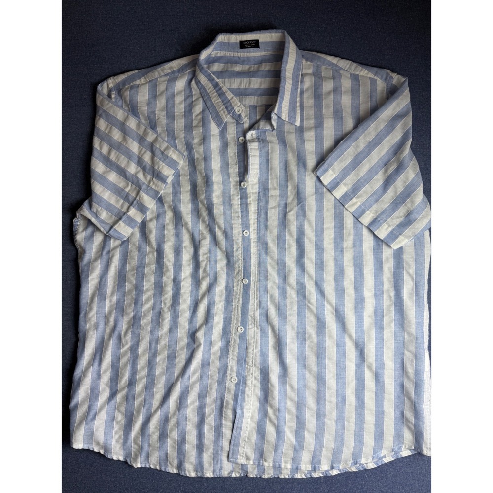 Coofandy Mens XXL Blue White Striped Linen Blend Short Sleeve Button Down Shirt